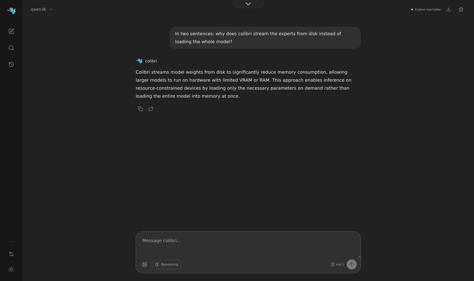 Dashboard van Colibri, een inference engine die de experts van een mixture-of-experts-model van schijf laadt